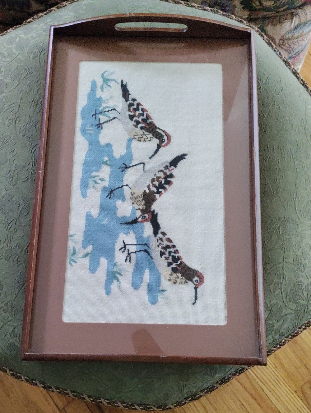 Unique Vintage Brown Tray with Blue and White Bird Needlepoint